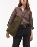[Topshop] Topshop Luna real suede leather tote bag in olive-Green One Size Olive