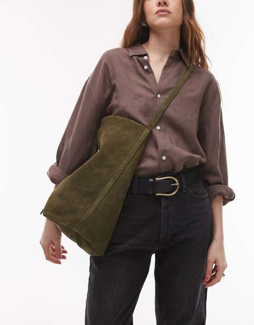 Topshop - Luna - Tote bag en daim et en cuir - Olive