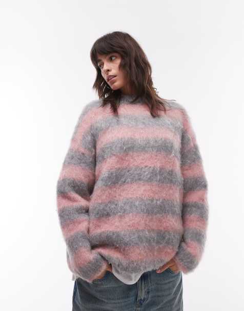 Topshop knitted ultra fluffy stripe relaxed jumper in pink and grey