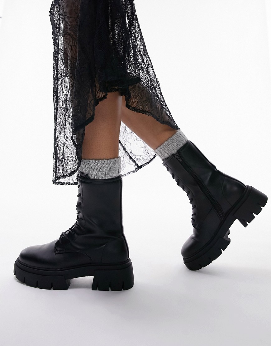 Topshop Lydia chunky lace up boot in black