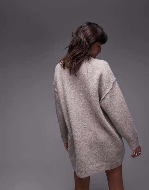 Topshop - Lys beige strikket oversized minikjole rund hals og synlige sømdetaljer, 4 af 4