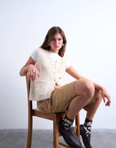 Topshop - Lys beige tanktop med strikket mønster og lommer - view 1