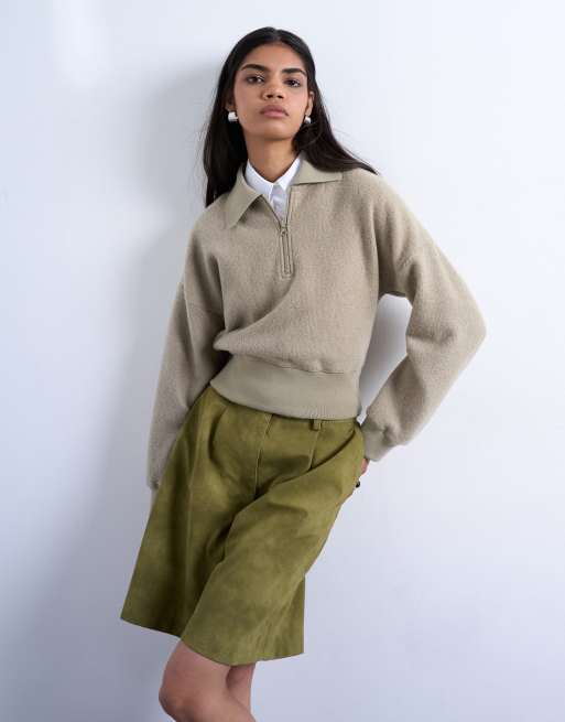 Topshop - Lys kaki-farvet loungetop med lynlås, 4 af 4