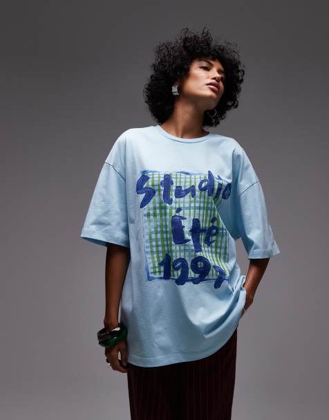 Topshop - Lysblå oversized top med grafisk tørklædeprint i jersey - view 1