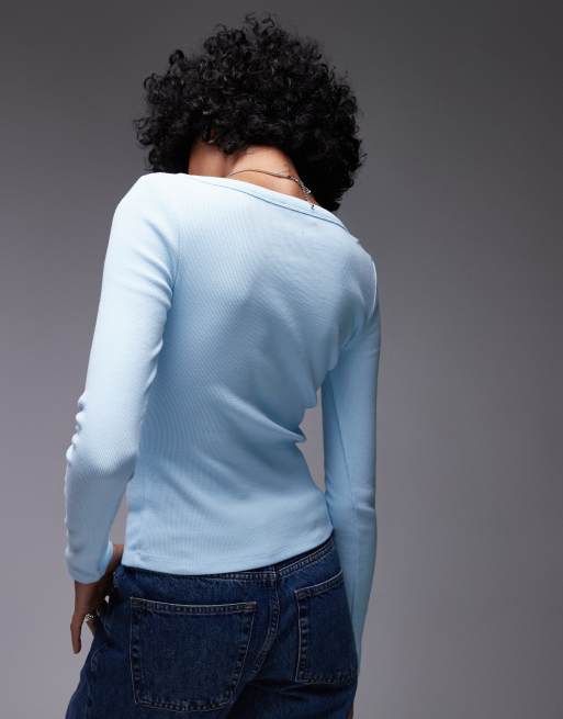 Topshop - Lyseblå langærmet top med firkantet hals, 3 af 4