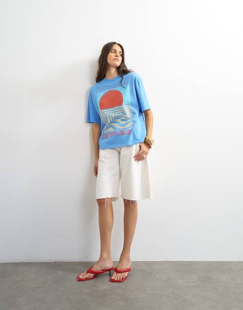 Topshop - Lyseblå oversized T-shirt med 'Coucher De Soleil'-grafik - view 1