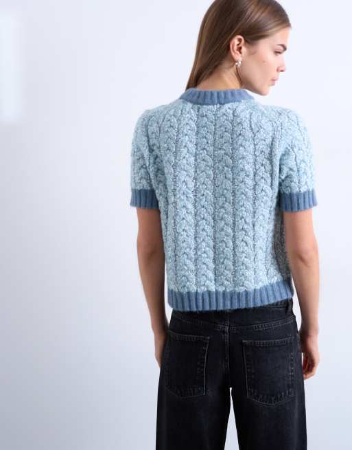 Topshop - Lyseblå top med korte ærmer og kabelstrikkede detaljer, 4 af 4