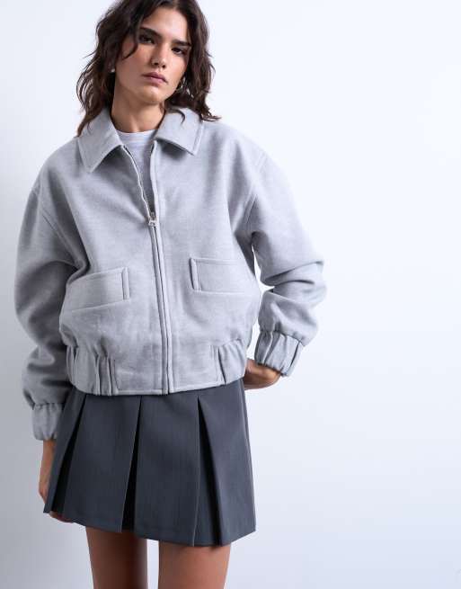 Topshop - Lysegrå cropped bomber-jakke i enkelt design med vattering, 4 af 4