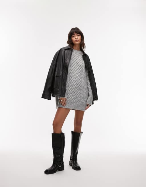 Topshop - Lysegråmeleret oversized minikjole i gennemgående kabelstrik, 3 af 4