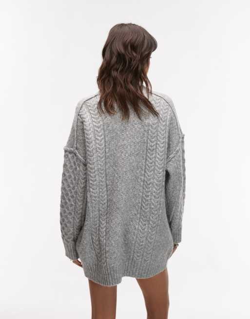Topshop - Lysegråmeleret oversized minikjole i gennemgående kabelstrik, 4 af 4