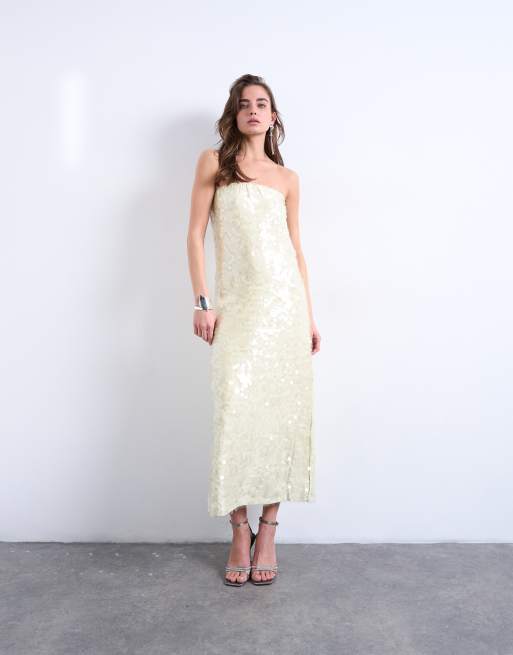 Topshop - Lysegul midikjole med bandeau-snit og pailletter, 3 af 4
