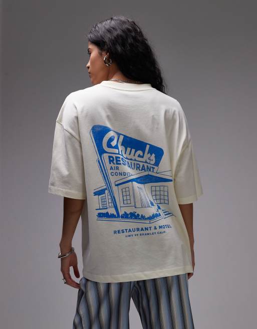 Topshop - Lysegul oversized T-shirt med 'Cuba'- og frimærkeprint på ryggen i jersey