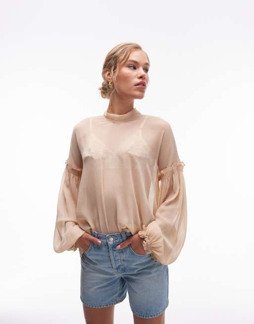 Topshop - Lyserød gennemsigtig top med sløjfedetalje i halsen