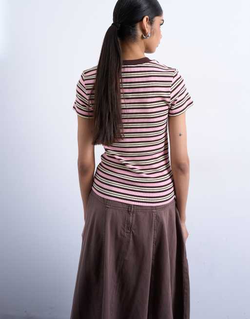 Topshop - Lyserød og brun kortærmet T-shirt med ribber og striber, 3 af 4