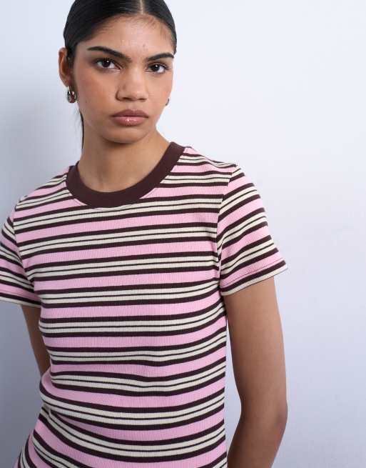 Topshop - Lyserød og brun kortærmet T-shirt med ribber og striber, 4 af 4