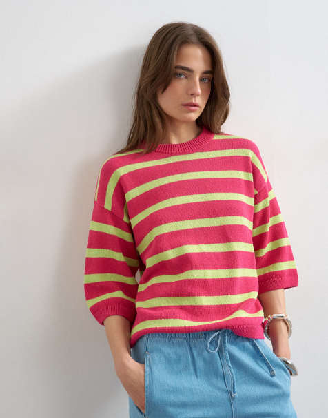 Topshop - Lyserød og limegrøn afslappet T-shirt i strik med striber og halve ærmer - view 1
