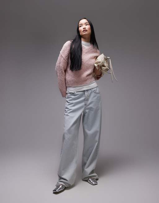 Topshop - Lyserød striktrøje i bouclé med v-hals, 3 af 4
