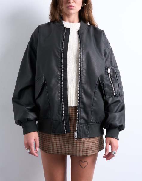 Topshop – MA1-Bomberjacke aus Kunstleder in verwaschenem Schwarz - view 1