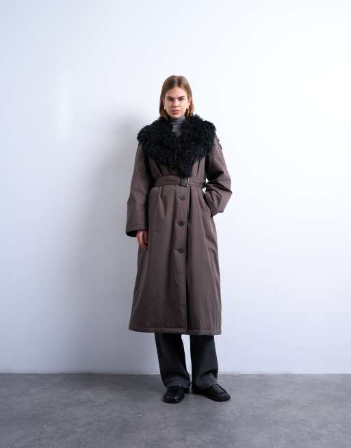 Topshop mac with Afghan faux fur collar and cuffs in brown