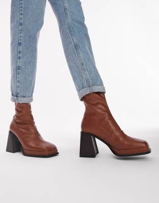 Topshop Maddie block heel sock boot in brown