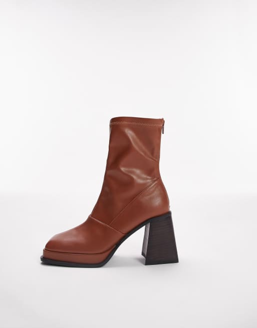 Topshop Maddie block heel sock boot in brown