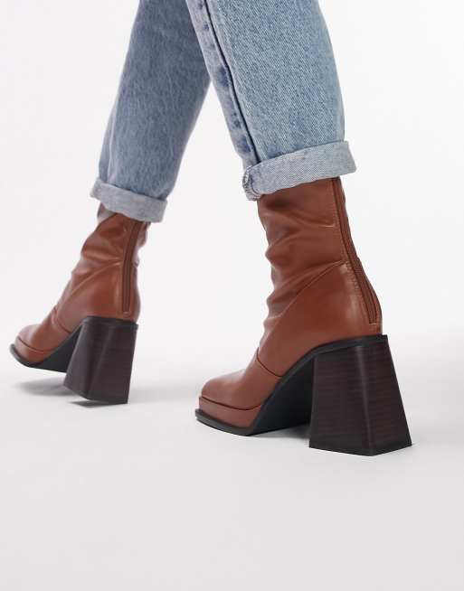 Topshop Maddie block heel sock boot in brown