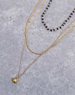 Maddox stainless steel multi chain necklace with black beads in gold