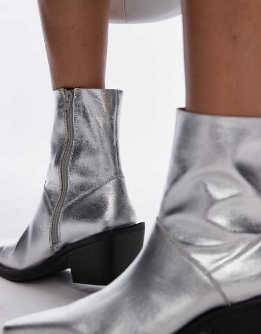 Topshop Maddy leather western boots in silver ASOS