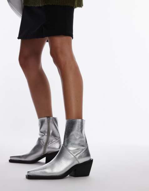 Topshop – Maddy – Silverfärgade cowboyboots i läder - view 1