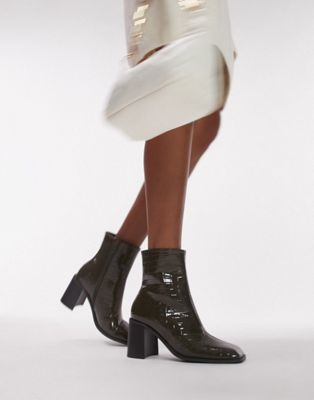 Topshop Mae block heel ankle boot in khaki | ASOS