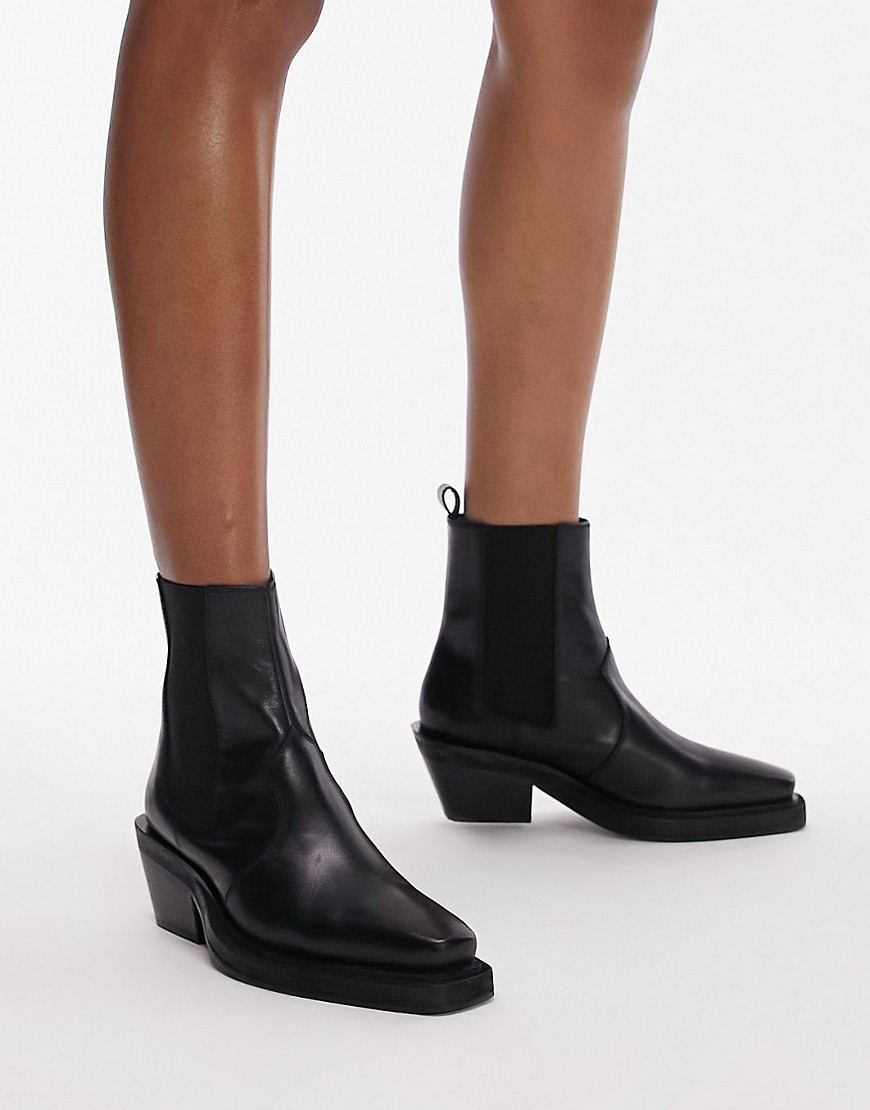 Topshop Maeve leather western ankle boot in black