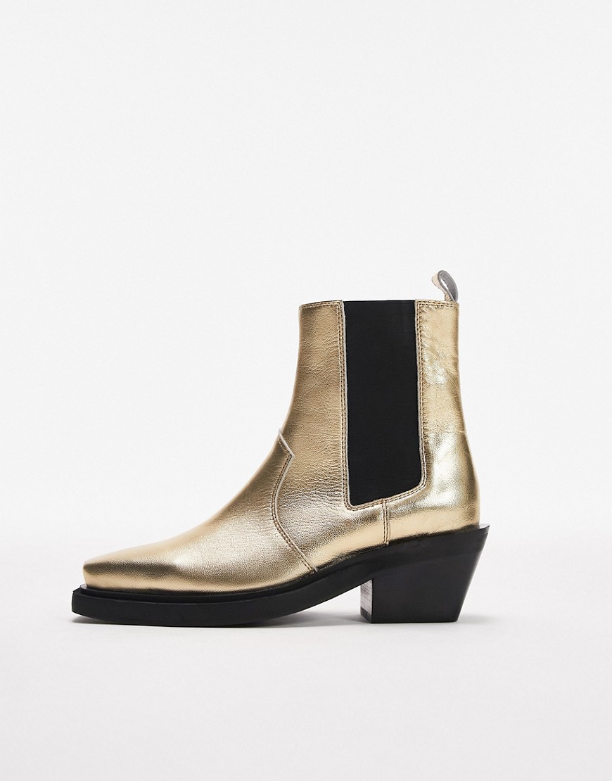 Topshop Maeve Leather Western Ankle Boots In Gold