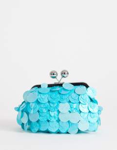 Model wearing Maeve small embellished grab bag in turquoise