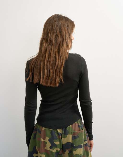 Topshop maglia serafino a maniche lunghe in misto lino nera, 4 di 4