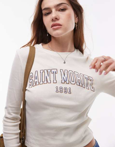 Topshop - Maglietta baby a maniche lunghe color avorio con grafica "Saint Moritz" - view 1
