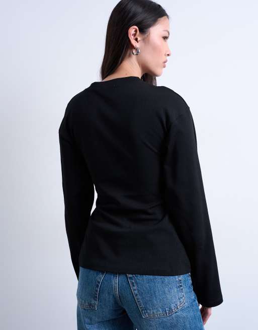 Topshop - Maglietta nera strutturata a maniche lunghe stretta in vita, 3 di 4
