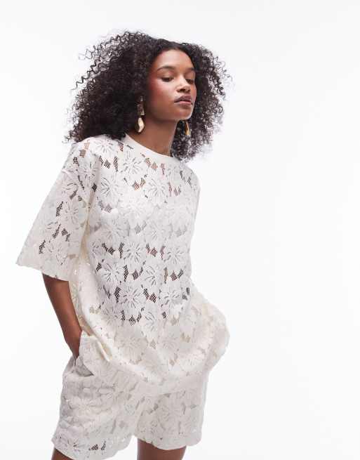 Topshop - Maglietta oversize écru in pizzo in coordinato
