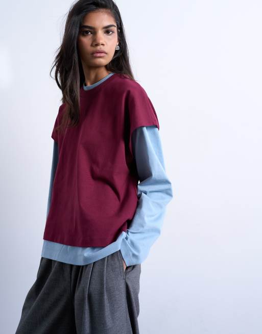 Topshop - Maglietta skater a doppio strato blu e cioccolato
