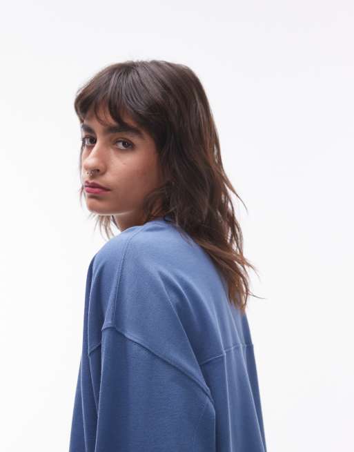 Topshop - Maglietta skater premium a maniche lunghe blu con cuciture, 2 di 4