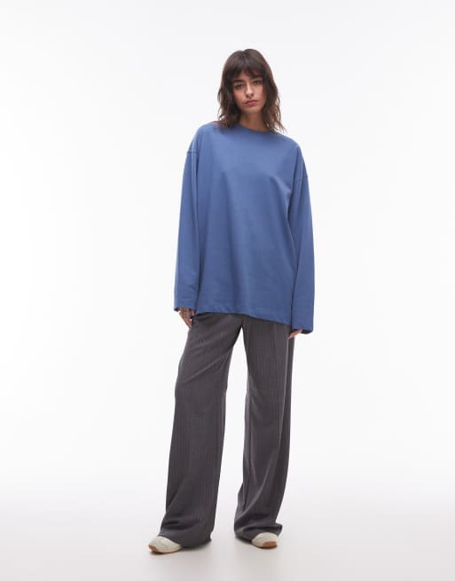 Topshop - Maglietta skater premium a maniche lunghe blu con cuciture, 3 di 4