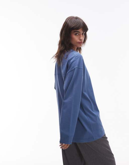 Topshop - Maglietta skater premium a maniche lunghe blu con cuciture, 4 di 4