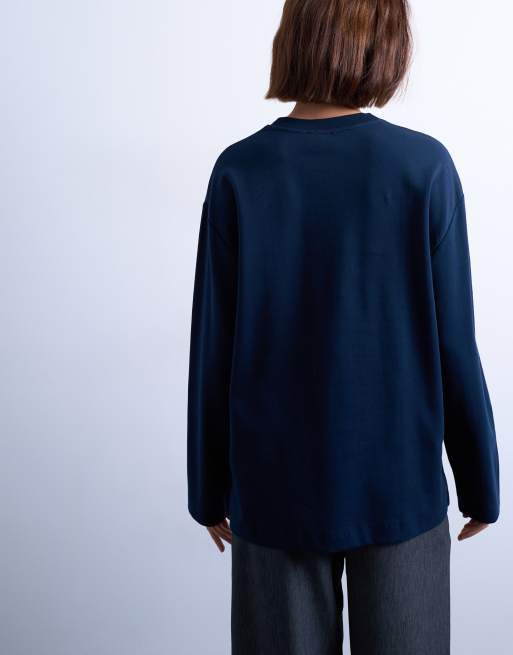 Topshop - Maglietta skater premium a maniche lunghe blu navy in tessuto interlock, 2 di 4