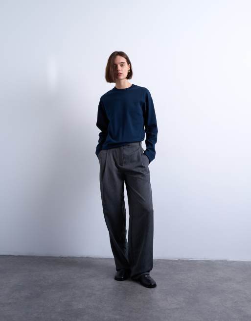 Topshop - Maglietta skater premium a maniche lunghe blu navy in tessuto interlock, 3 di 4
