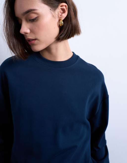 Topshop - Maglietta skater premium a maniche lunghe blu navy in tessuto interlock, 4 di 4