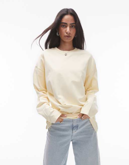Topshop - Maglietta skater premium a maniche lunghe color latticello con cuciture