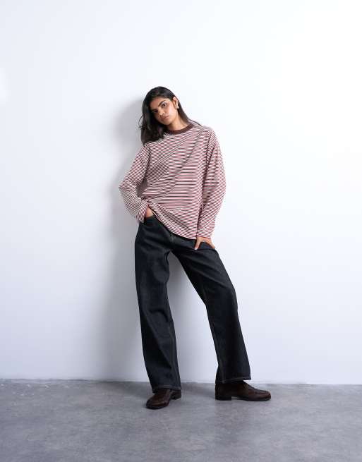 Topshop - Maglietta skater premium a maniche lunghe marrone a righe in tessuto interlock, 2 di 4