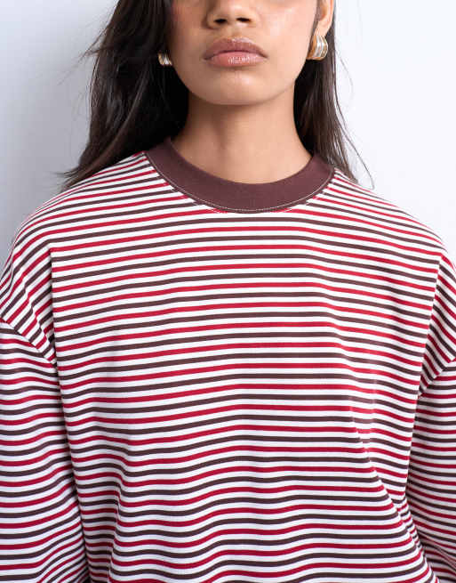 Topshop - Maglietta skater premium a maniche lunghe marrone a righe in tessuto interlock, 3 di 4