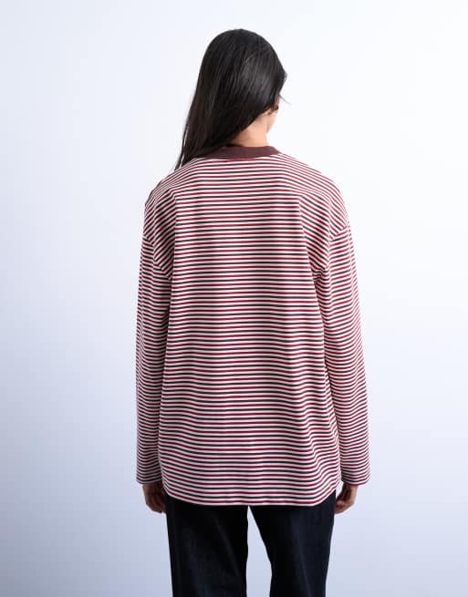 Topshop - Maglietta skater premium a maniche lunghe marrone a righe in tessuto interlock, 4 di 4