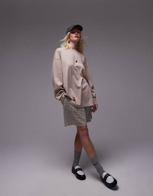 Topshop - Maglietta stile skater a maniche lunghe color avena mélange premium con cuciture a vista