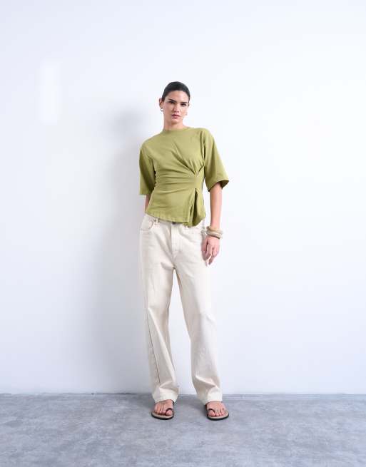 Topshop - Maglietta strutturata kaki stretta in vita, 3 di 4